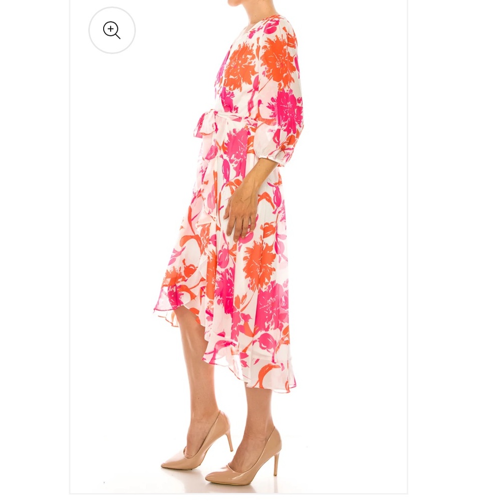 Danny & Nicole Cream Pink Floral 3/4 Puff Sleeve Wrap Style Midi Dress Sz 14P